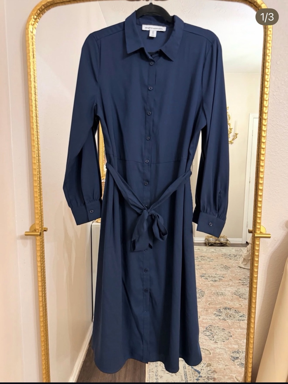 Amazon Essentials Navy Long-Sleeve Button-Front Shirt Dress with Tie Waist